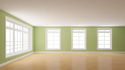 Empty Room with Light Green Plastered Walls, a Large Window on the Left Stock Illustration