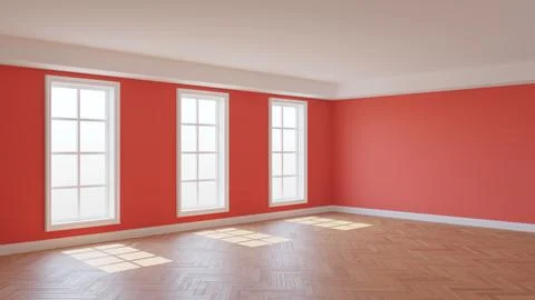 Empty Room with Light Red Walls, Three Large Windows, White Ceiling and Cornice Stock Illustration