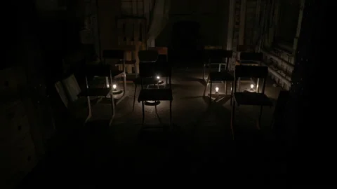 In an empty room lights are lit, chairs on the stage Stock Footage 93717591