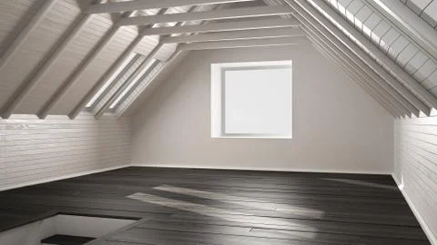 Empty room, loft, attic, parquet wooden floor and wooden ceiling beams, archi Stock Illustration