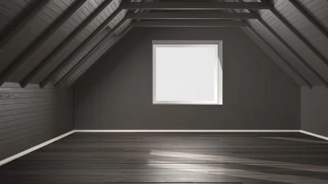 Empty room, loft, attic, parquet wooden floor and wooden ceiling beams, archi Stock Illustration