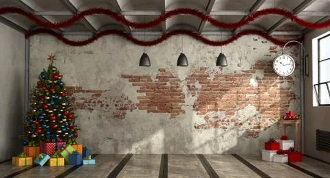 Empty room in a loft with Christmas tree Stock Illustration