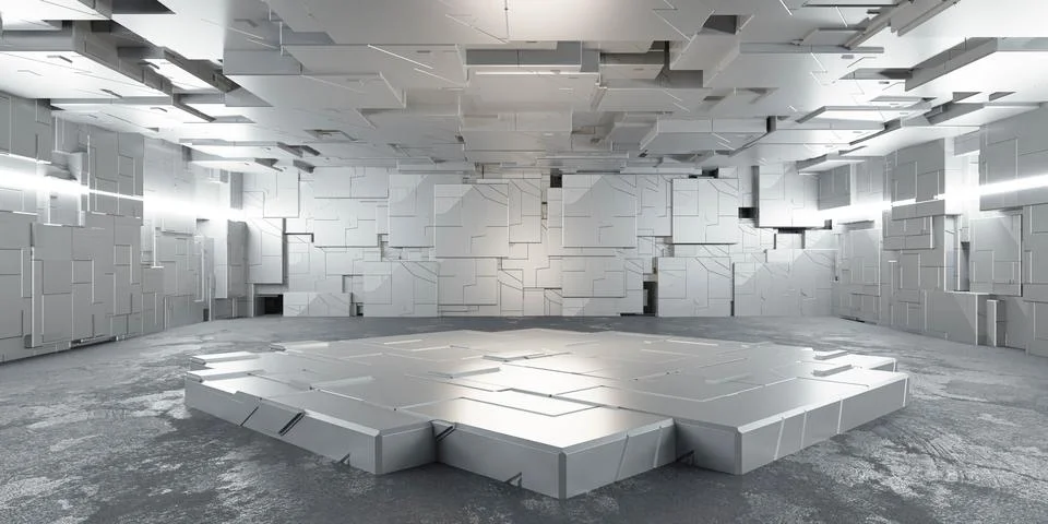 Empty Room with Mirrors and Ceiling Lights and a podium 3d render illustration Stock Illustration