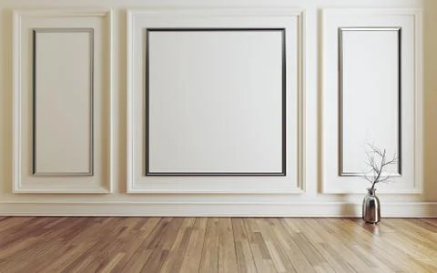 Empty room with Modern classic white wall triple panels and wooden floor 3D r Stock Illustration