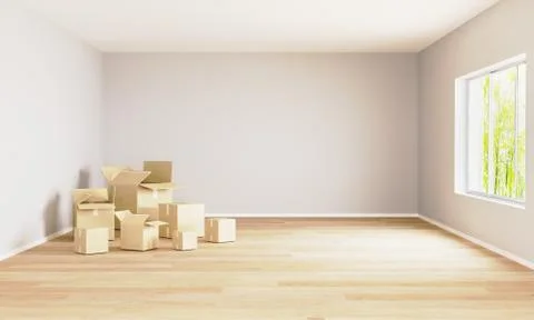 Empty room with moving boxes and window. Moving concept. Room for mockup. Stock Illustration