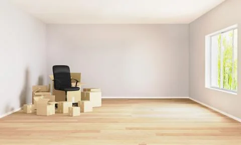 Empty room with moving boxes and office chair. Moving concept. Room for mockup. Stock Illustration