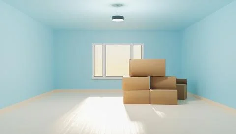 Empty room with moving boxes and a window Stock Photos