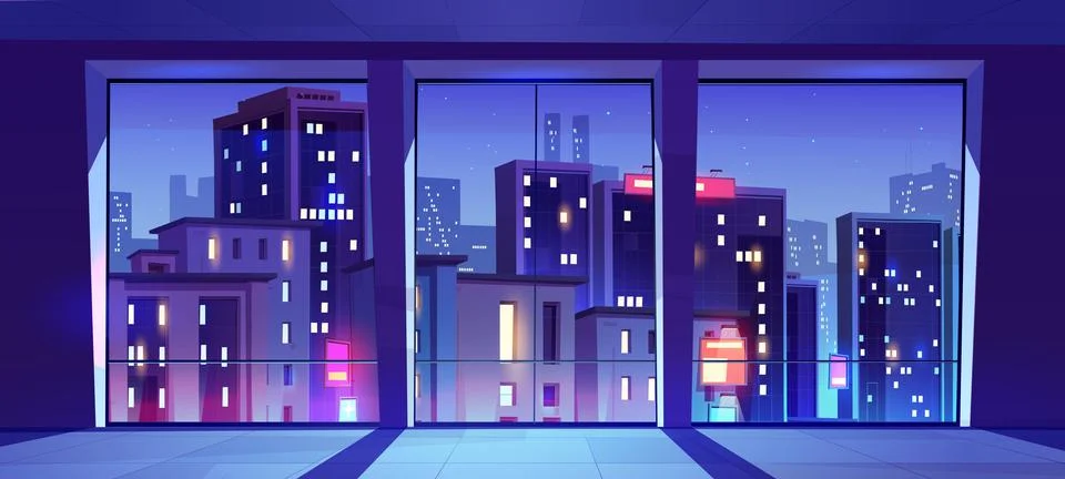 Empty room, night office interior with city view Stock Illustration