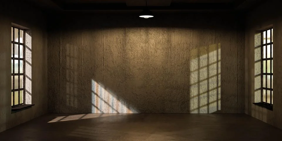 Empty Room at night With two Windows 3d render illustration Stock Illustration