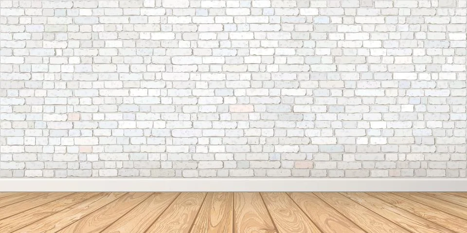 Empty room with old white brick block wall and whitewashed wooden floor  gr.. Stock Illustration