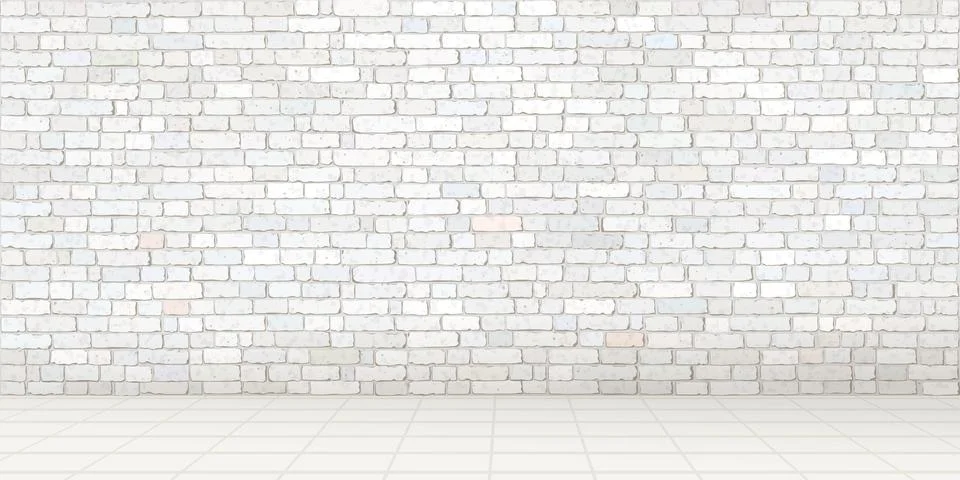 Empty room with old white brick block wall and tile floor graphic illustratio Stock Illustration