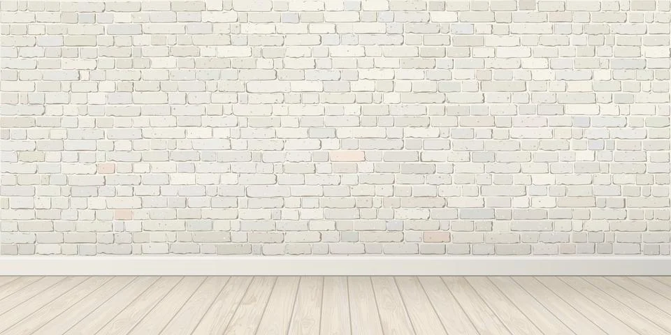 Empty room with old white brick block wall and whitewashed wooden floor fad.. Stock Illustration
