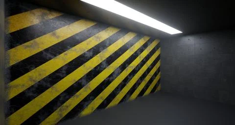 Empty Room With One Light And Hazard Striped Grunge Rusty Wall. 3D Rendering Stock Illustration