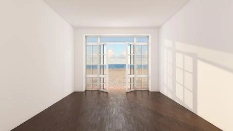 Empty Room with Open Doors to Beach and Ocean View Stock Illustration