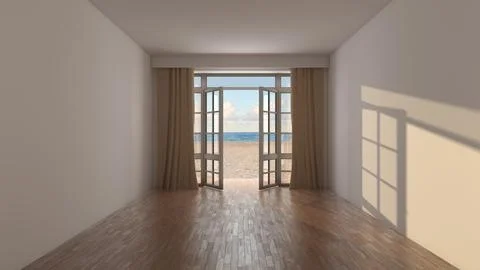 Empty Room With Open Doors To Beach And Ocean View Illustration