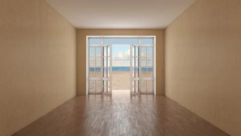 Empty Room With Open Doors To Beach View And Wooden Floor Illustration