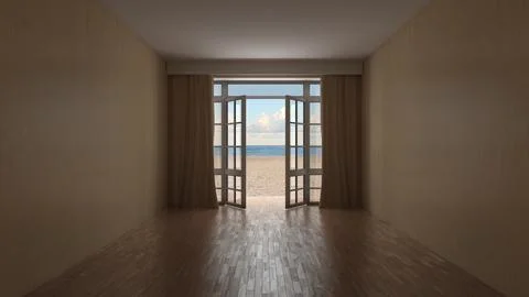Empty Room with Open Doors Facing Beach and Ocean Stock Illustration