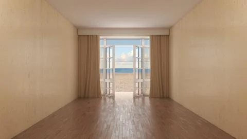 Empty Room With Open French Window Overlooking Sunny Beach Stock Illustration