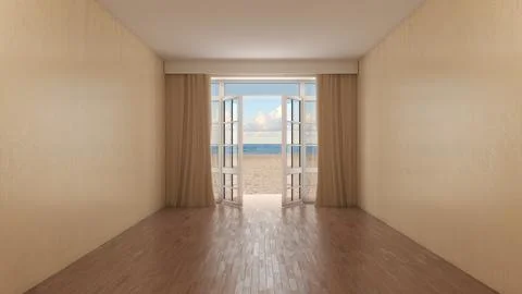 Empty Room with Open French Windows and Scenic Ocean Beach View Stock Illustration