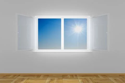 Empty room with open window. 3D image 스톡 일러스트