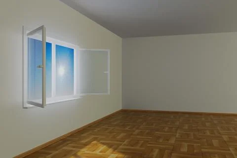 Empty room with open window. 3D image Illustrazione stock