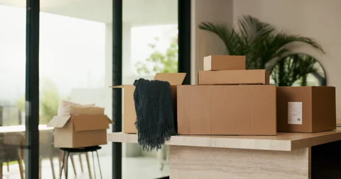 Empty, room or packing boxes with moving for property relocation, expired lease Stock Footage 335266865