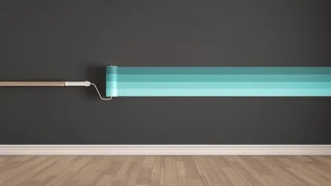 Empty room with paint roller and painted wall, wooden floor, gray and turquoi Stock Illustration