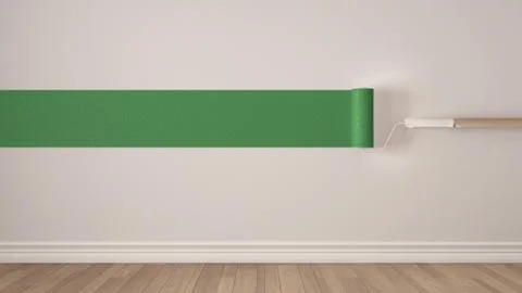 Empty room with paint rollers and painted marking, wooden floor, white and gr Stock Illustration