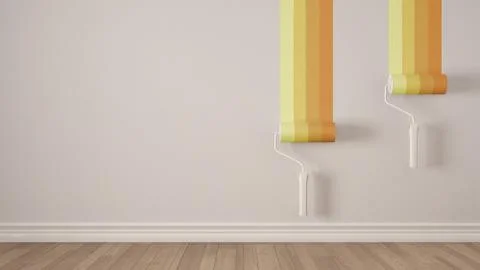 Empty room with paint rollers and painted wall, wooden floor, white and yello Stock Illustration