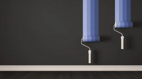 Empty room with paint rollers and painted wall, wooden floor, gray and blue m Stock Illustration