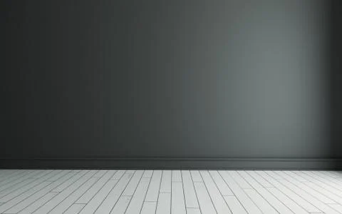 Empty room with painted black wall and white wooden floor realistic 3D render Stock Illustration