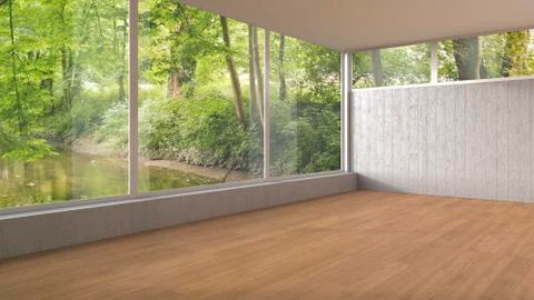 Empty room with panorama window and wooden floor, 3D Rendering Illustrazione stock