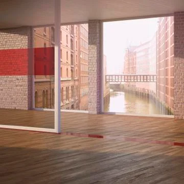 Empty room with parquet in a brick building, 3D Rendering, 3D Rendering Ilustración de archivo