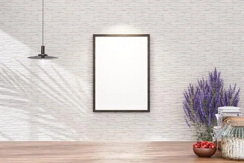 Empty room photo frame with tile wall, interior background image. Stock Photos