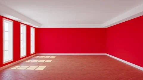 Empty Room with Red Walls, Three Windows, White Ceiling Cornice Stock Illustration
