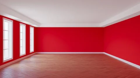 Empty Room with Red Walls, White Ceiling Cornice, Three Large Windows Stock Illustration