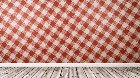 Empty Room with Restaurant Table Cloth Style Red Wall and Wooden Floor Stock Illustration