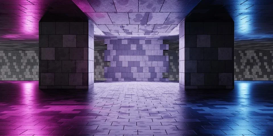 Empty room with retro tile wall and blue and purple-pink neon light backgro.. Ilustración de archivo