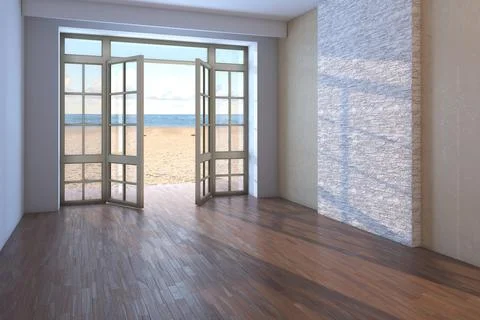 Empty Room with Sea View. Interior with Open Windows Overlooking the Ocean Stock Illustration