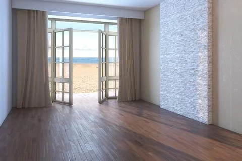 Empty Room with Sea View. Interior with Open Windows Overlooking the Ocean Stock Illustration
