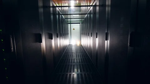 Empty room with server units and a passage. Cloud computing datacenter server Stock Footage 111289006