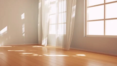 Empty room with sheer curtains blowing in soft wind, sunbeams dance on poli.. Stock Footage 327249534