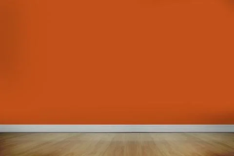 Empty room is showcasing 3D-rendered bright orange wall above white baseboard Stock Illustration