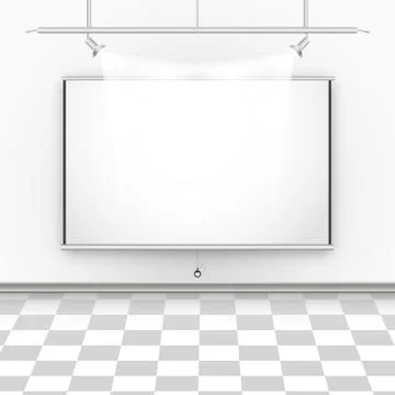 Empty room with square floor, illumination and projector canvas. Illustrazione stock