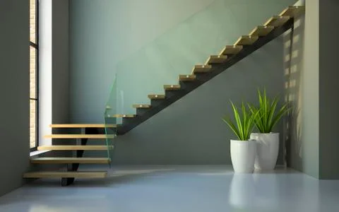 Empty room with staircase and plants Stock Illustration