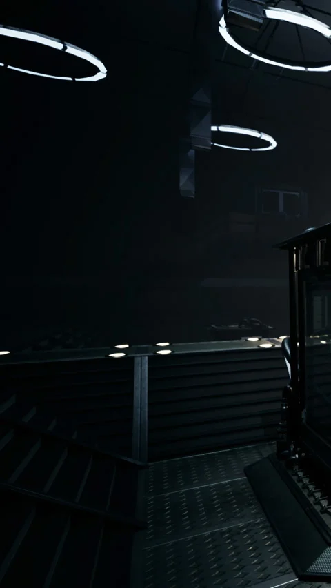 Empty room with steps and circular lights in a dark space during nighttime Stock Footage 336584274