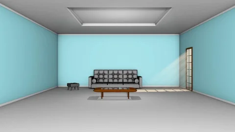 Empty room with sun shafts and light coming through a glass door, 3d cgi render Stock Footage 122951293