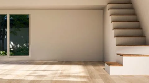 Empty room with sunlight through glass window and white wall with stairs ov.. Stock Illustration