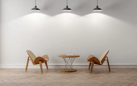 Empty room with three lamps in the ceiling and two chairs with a table on t.. Stock Illustration