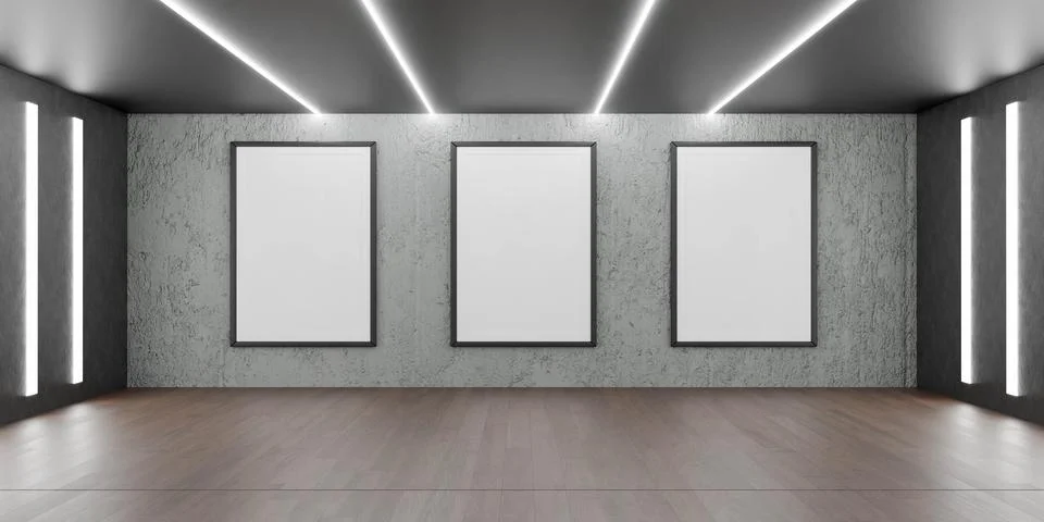 Empty Room With Three Large empty picture frames and Wooden Floor 3d render Stock Illustration